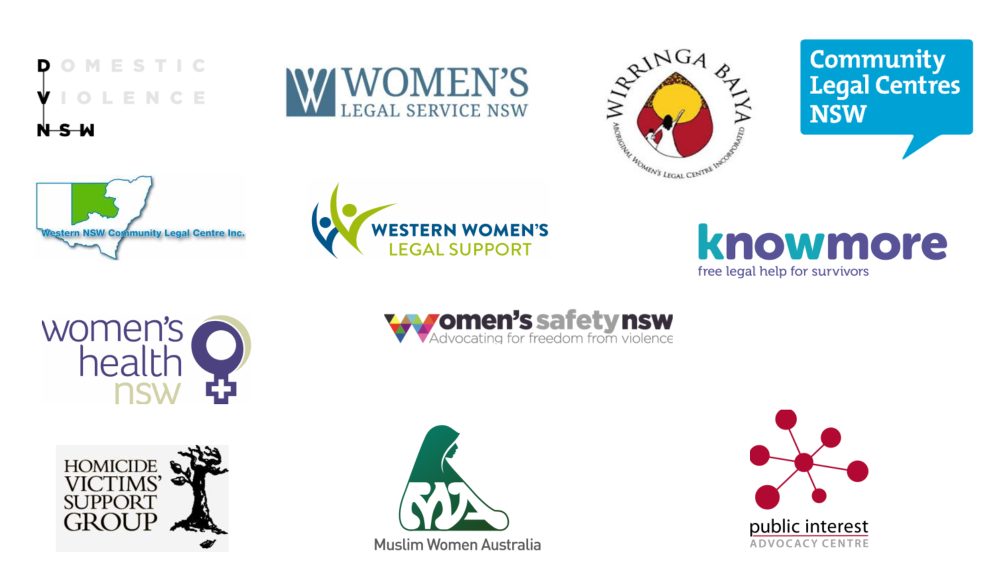 Eleven logos: Domestic Violence NSW; Women's Legal Service NSW; Wirringa Baiya; Community Legal Centres NSW.