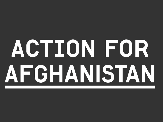A black tile with 'Action for Afghanistan' written in bold white underlined text.
