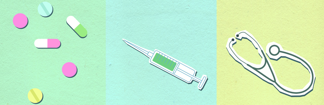 An illustration that depicts pills, a syringe, and a stethoscope.