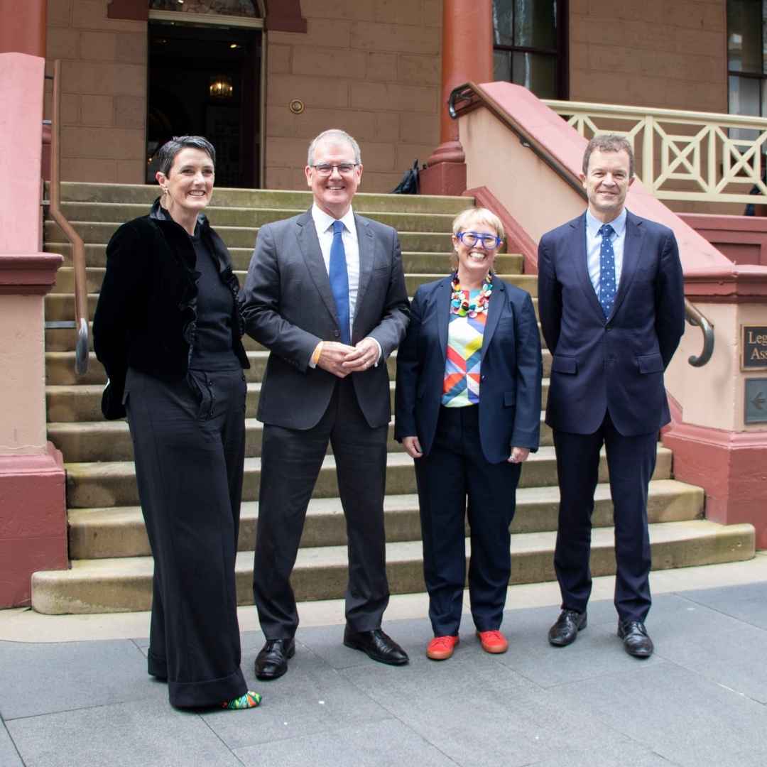 Four people standing outside NSW Parliament House: Katrina Ironside, Michael Daley, Sarah Marland and The Hon. Mark Speakman.