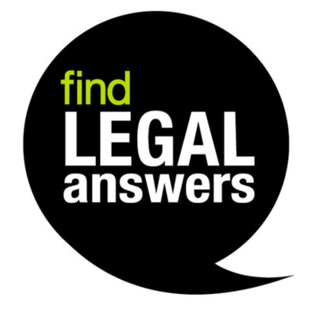 Black speech bubble with 'Find legal answers' inside.