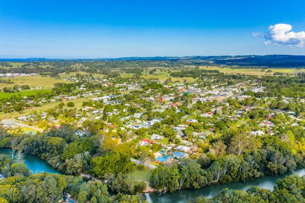 Aerial photo of Mullumbimby, a town in NSW's Northern Rivers region.