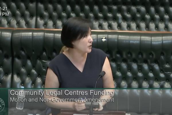 Jenny Leong speaking in NSW Parliament during a community legal centres motion.