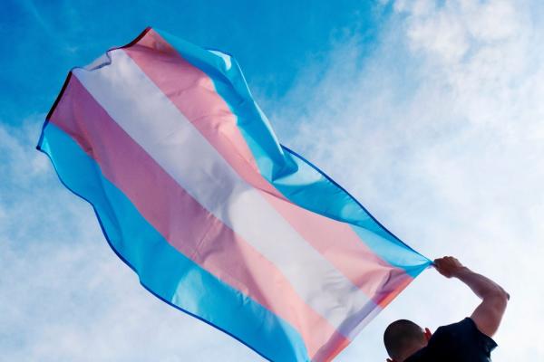 A person flying a trans flag.