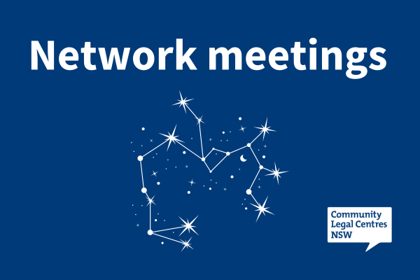 Dark blue tile with text reading 'Network meetings' and a constellation of stars underneath. The CLCNSW logo is in the corner.