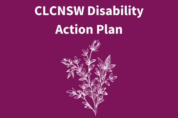 Tile with illustration of a flowering plant and text reading 'CLCNSW Disability Action Plan'
