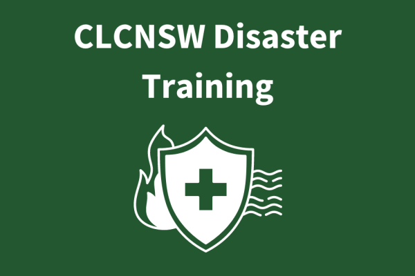 Green tile with icon of a shield, fire and water, and text reading 'CLCNSW Disaster Training'