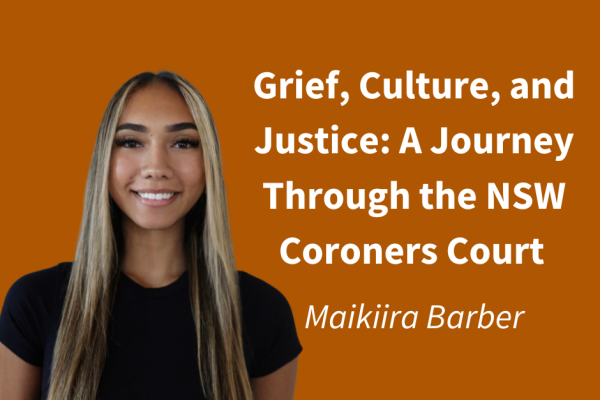 Image of Maikiira wearing a black t-shirt against an orange background, next to text reading 'Grief, Culture, and Justice: A Journey Through the NSW Coroners Court, Maikiira Barber"