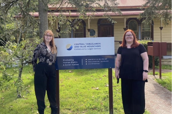 Sally O'Bryan and Arlia Fleming outside the Katoomba office of the Blue Mountains and Central Tablelands Community Legal Centre.